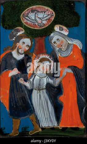 Ein Hinterglasbild aus dem 19. Jahrhundert, das den Heiligen Weg darstellt, eine traditionelle religiöse Szene, die oft in der christlichen Kunst zu finden ist, mit akribischen Details und lebendigen Farben. Stockfoto