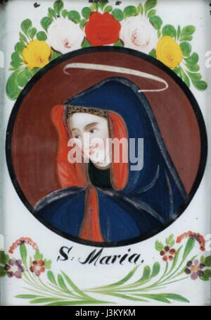 Das Hinterglasbild ist eine traditionelle Form der deutschen Glasmalerei aus dem 19. Jahrhundert, die oft religiöse Themen wie die St. Maria darstellt und das künstlerische und kulturelle Handwerk dieser Zeit zeigt. Stockfoto