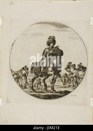Der ungarische Reiter, eine Gravur von Stefano della Bella, zeigt eine berittene Figur in traditioneller ungarischer Kleidung. Dieses Werk ist ein bemerkenswertes Beispiel für die europäische Druckerei im 17. Jahrhundert. Stockfoto