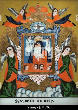 Das Hinterglasbild Maria mit Jesusknaben ist ein deutsches Glaskunstwerk aus dem 19. Jahrhundert, das die Jungfrau Maria mit dem Jesuskind darstellt. Das Stück reflektiert religiöse Themen und die Volkskunst des 19. Jahrhunderts. Stockfoto