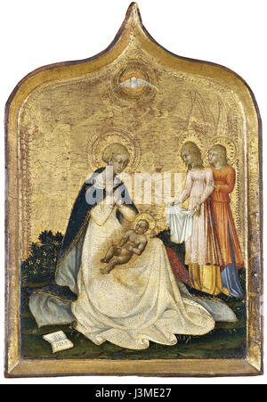 Giovanni di Paolo's Gemälde „die Jungfrau der Demut“ wird im Museo Thyssen-Bornemisza in Madrid ausgestellt. Es ist bekannt für seine heitere Darstellung der Jungfrau Maria und seinen gotischen Stil. Stockfoto