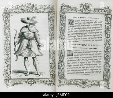 „Habito di Moscovia a piedi“ von Cesare Vecellio, veröffentlicht 1860, zeigt die traditionelle Kleidung, die von Personen in Moskau, Russland, während des 19. Jahrhunderts getragen wurde. Die Illustration zeigt die charakteristischen Kleidungsstile dieser Zeit, wobei der Schwerpunkt auf den Kleidungsstücken von Männern und Frauen liegt und eine visuelle Aufzeichnung der russischen Mode und kulturellen Bräuche dieser Zeit bietet. Stockfoto