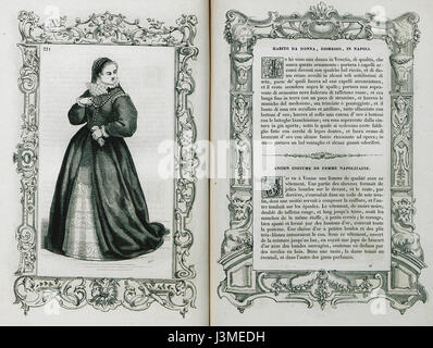 Das Bild mit dem Titel „Habito da donna, dismesso, in Neapel“ von Cesare Vecellio aus dem Jahr 1860 zeigt eine traditionelle Damenmode, die in Neapel getragen wird. Die Illustration bietet eine detaillierte Ansicht des Kleidungsstils und der kulturellen Kleidung der Zeit und zeigt die Modetrends des 19. Jahrhunderts Neapel. Stockfoto