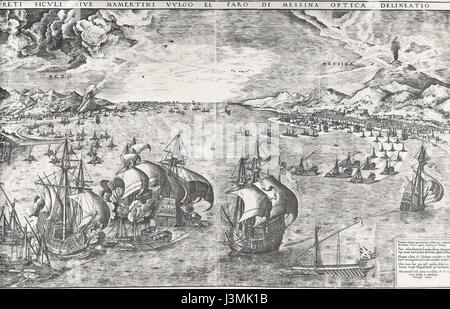 Dieses Kunstwerk, „Battle in the Strait of Messina“, ist eine Neuinterpretation des Originals von Pieter Bruegel dem Älteren, der einen historischen militärischen Konflikt einfängt, wobei der Künstler Huys eine spätere Interpretation schuf. Stockfoto