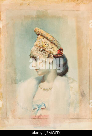 Dieses Kunstwerk von LÃ Bakst zeigt ein Mädchen, das einen traditionellen Kokoshnik trägt, einen russischen Kopfschmuck, im Profil. Das Stück zeigt Baksts Können, russische kulturelle Elemente in lebendigen Illustrationen einzufangen. Stockfoto