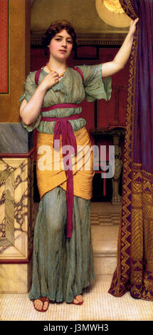 A Pompeji Lady ist ein Gemälde des britischen Künstlers John William Godward, das 1895 entstand. Es zeigt eine Frau in klassischer römischer Kleidung, die den neoklassischen Stil verkörpert. Das Kunstwerk fängt die Eleganz und Schönheit der antiken römischen Kultur ein und verbindet historische Referenzen mit einem romantisierten Blick auf die Antike. Stockfoto