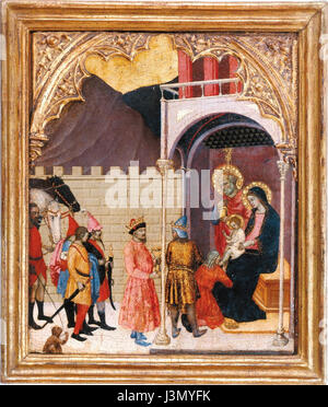 Gregorio di Ceccoâ' 'Adorazioni dei Magi' aus der Zeit um 1420 zeigt die Geburtsszene mit den drei Weisen, die dem neugeborenen Jesus Geschenke schenken. Das Werk beleuchtet die künstlerischen Techniken der frühen Renaissance in der Schweiz und veranschaulicht religiöse Themen und Symbolismus der Zeit. Stockfoto
