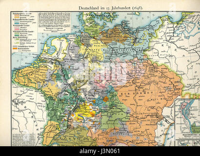 „Germania“ 1648 ist eine historische Karte oder ein Gravur, die die politische Landschaft Deutschlands im 17. Jahrhundert, um die Zeit des Westfälischen Friedens, der den Dreißigjährigen Krieg beendete, darstellt. Stockfoto
