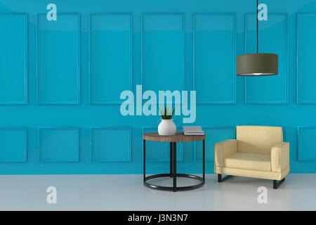 Einrichtung mit Sofa, Pflanzen und Lampe auf blauen Wand Hintergrund. 3D-Rendering. Stockfoto