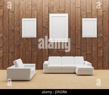 hölzernen Innenraum mit weißen Sofa und Rahmen Foto in 3D illustration Stockfoto