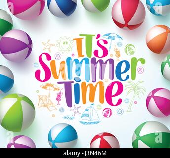 Bunte Strand Kugeln Hintergrund in Vektor mit Sommerzeit Titel und Hand Zeichnungselemente in Mitte. Realistische 3D Vektor-Illustration Stock Vektor