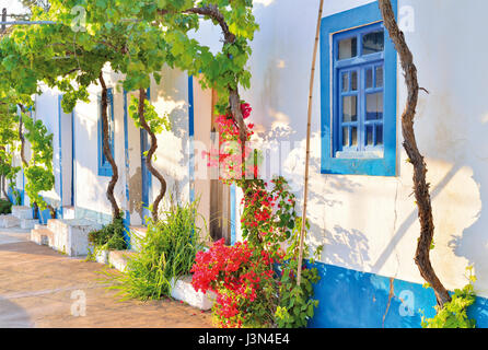 Malerisches Landhaus mit blauen Fensterrahmen und Blumen schmücken die Türen Stockfoto