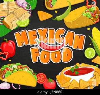 Konzept der traditionelle mexikanische Küche, Tamales, Burrito, Nachcos, Taco mit Gemüse und Soße. Vektor-Illustration. Stock Vektor