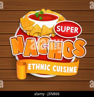 Nachos ethnische Küche Logo und Essen Beschriftung oder Aufkleber. Konzept der mexikanischen Küche, traditionelle Produktdesign für Geschäfte, Märkte. Vektor-Illustration. Stock Vektor