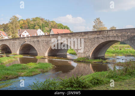 Stein-Brücke, Jagst-Tal, Kirchberg, Schwäbisch Hall, Region Hohenlohe, Baden-Württemberg, Heilbronn-Franken, Deutschland Stockfoto