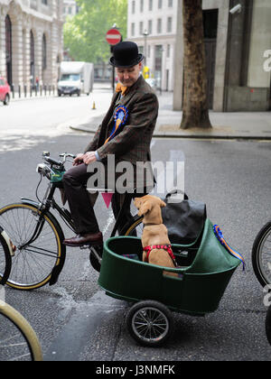 London, Großbritannien. 6. Mai 2017. Ein Vintage männliche Radfahrer sieht seinen Hund in einem Beiwagen, wie die Wartezeit auf der Straße. Der Hund ist ein seitenwagen. Die jährlichen London Fahrrad fahren ist eine stilvolle Veranstaltung in London für knapp 900 Fahrer, oder stilvoll in Vintage Tweed oder andere traditionelle Outfits gekleidet. Dies ist das neunte Jahr des Tweed, der in London in 2009 Credit begann: Doozzi Fotografie/Alamy leben Nachrichten Stockfoto