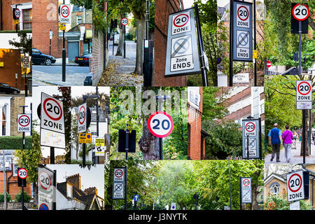 Collage aus vielen 20 km/h Höchstgeschwindigkeit Zeichen in einem kleinen Bereich von Islington, Nordlondon Stockfoto
