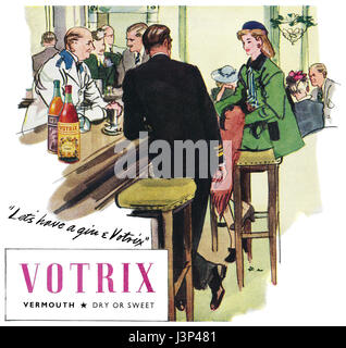 1946 britische Werbung für Votrix Wermut, illustriert von Francis Marshall. Stockfoto