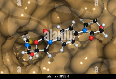 Blutgerinnungsfaktor Xa mit Rivaroxaban (Inhibitor) gebunden. Rolle bei der Blutgerinnung und Thrombose. Rivaroxaban Atome als farbcodierte sp Stockfoto