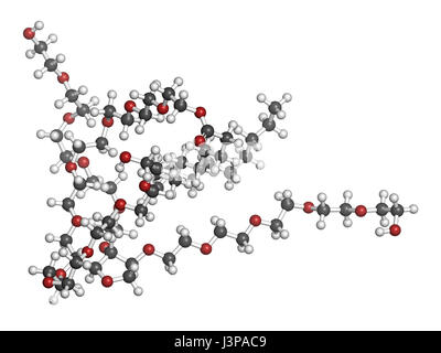 Polysorbat 80 Tensid und Emulgator Molekül. In Lebensmitteln (E433), Kosmetika und Arzneimitteln verwendet. Atome sind als Kugeln mit herkömmlichen co vertreten. Stockfoto