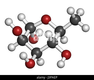 Deoxy-Zuckermolekül Rhamnose (L-Rhamnose). In der Kosmetik zur Behandlung von Falten. Atome sind als Kugeln mit konventionellen Farbcodierung vertreten: Hydr Stockfoto
