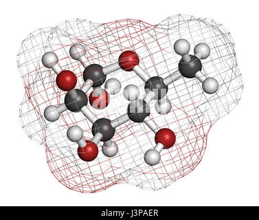 Deoxy-Zuckermolekül Rhamnose (L-Rhamnose). In der Kosmetik zur Behandlung von Falten. Atome sind als Kugeln mit konventionellen Farbcodierung vertreten: Hydr Stockfoto
