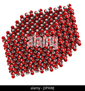 Eis (gefrorenes Wasser, Sechskant), Kristallstruktur. Atome als Farbe codiert Sphären: Sauerstoff, rot; Wasserstoff, weiß. Stockfoto