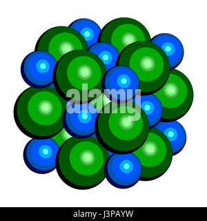 Natriumchlorid (Kochsalz, Steinsalz, Halit), Kristallstruktur. Atome als farbkodierten Sphären (Na, blau; CL, grün). Elementarzelle. Stockfoto