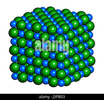 Natriumchlorid (Kochsalz, Steinsalz, Halit), Kristallstruktur. Atome als farbkodierten Sphären (Na, blau; CL, grün). Stockfoto