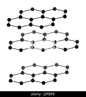 Graphit, Kristallstruktur. Auch bekannt als Bleistiftmine. Atome aus 3 Schichten werden angezeigt, um Layer zu stapeln zu veranschaulichen. Stockfoto