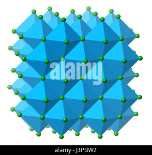 Natriumchlorid (Kochsalz, Steinsalz, Halit), Kristallstruktur. Atome als farbkodierten Sphären & Polyeder (Na, blau; CL, grün). Stockfoto