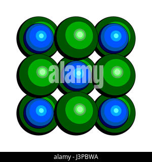 Natriumchlorid (Kochsalz, Steinsalz, Halit), Kristallstruktur. Atome als farbkodierten Sphären (Na, blau; CL, grün). Elementarzelle. Stockfoto