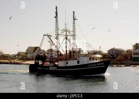 Ein Fischerboot (schwarze Schafe) kehrt zurück nach Galiläa, Rhode Island, USA Stockfoto