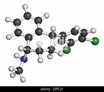 Sertralin Antidepressiva Wirkstoffmolekül. Atome sind als Kugeln mit konventionellen Farbcodierung vertreten: Wasserstoff (weiß), Kohlenstoff (grau), Stickstoff (b Stockfoto