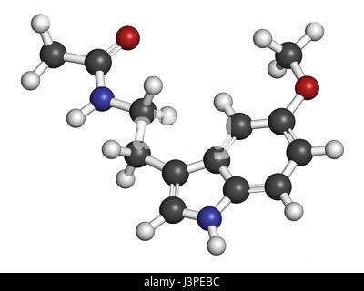 Melatonin-Hormon-Molekül. Beim Menschen spielt sie eine Rolle in der zirkadianen Rhythmus Synchronisation. Atome werden als Kugeln mit herkömmlichen Farbe c dargestellt. Stockfoto