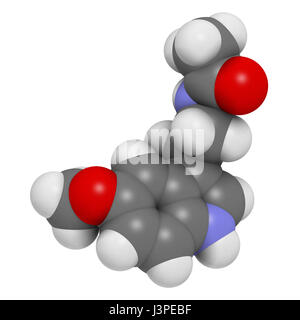 Melatonin-Hormon-Molekül. Beim Menschen spielt sie eine Rolle in der zirkadianen Rhythmus Synchronisation. Atome werden als Kugeln mit herkömmlichen Farbe c dargestellt. Stockfoto