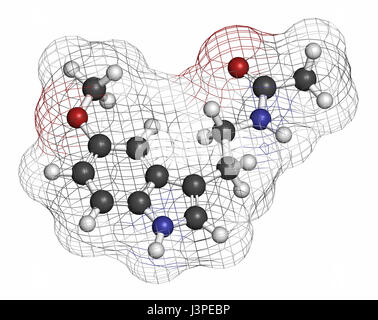 Melatonin-Hormon-Molekül. Beim Menschen spielt sie eine Rolle in der zirkadianen Rhythmus Synchronisation. Atome werden als Kugeln mit herkömmlichen Farbe c dargestellt. Stockfoto