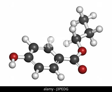 Propylparaben Konservierungsmittel Molekül (Paraben-Klasse). Atome sind als Kugeln mit konventionellen Farbcodierung vertreten: Wasserstoff (weiß), Kohlenstoff (grau), Stockfoto