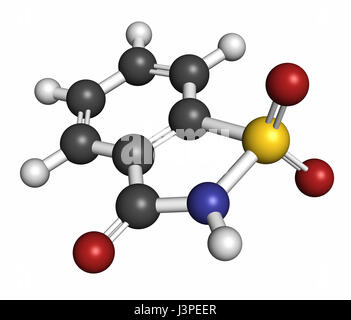 Saccharin-Süßstoff-Molekül (Zuckerersatz). Atome sind als Kugeln mit konventionellen Farbcodierung vertreten: Wasserstoff (weiß), Kohlenstoff Stockfoto