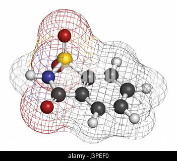 Saccharin-Süßstoff-Molekül (Zuckerersatz). Atome sind als Kugeln mit konventionellen Farbcodierung vertreten: Wasserstoff (weiß), Kohlenstoff Stockfoto