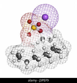 Sodium Dodecyl Sulfat (SDS, Natriumlaurylsulfat) Tensid Molekül. Häufig verwendet in Reinigungsmitteln. Atome sind als Kugeln mit Con vertreten. Stockfoto