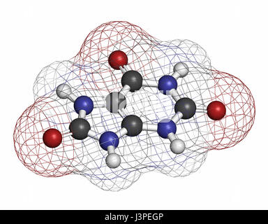 Harnsäure-Molekül. Hohe Blutspiegel führen zu Gicht Erkrankung. Atome sind als Kugeln mit konventionellen Farbcodierung vertreten: Wasserstoff (weiß), Kohlenstoff Stockfoto