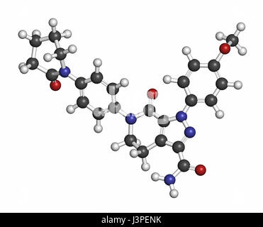 Apixaban gerinnungshemmenden Medikamentenmolekül (direkte FXa-Hemmer). Atome sind als Kugeln mit konventionellen Farbcodierung vertreten: Wasserstoff (weiß), Kohlenstoff Stockfoto