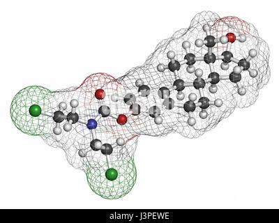 Estramustine Prostatakrebs Chemotherapie Wirkstoffmolekül. Atome sind als Kugeln mit konventionellen Farbcodierung vertreten: Wasserstoff (weiß), Kohlenstoff (Gr Stockfoto