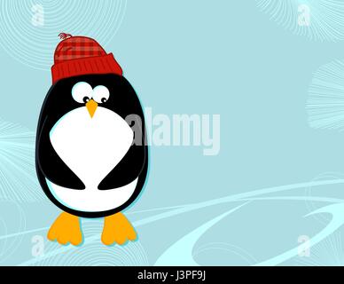 Pinguin auf Eis Landschaft-stilisierte Karikatur eines Pinguins in einer Strickmütze auf einer Eislandschaft Hintergrund Stock Vektor
