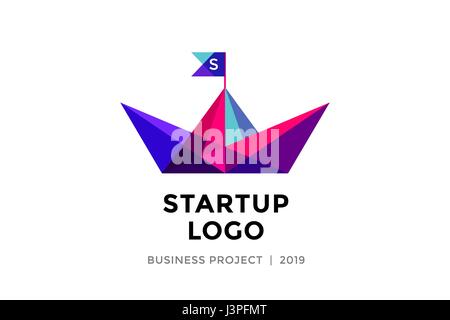 Design-Vorlage von bunten Papierboot mit Aufschrift Start-Logo Stock Vektor