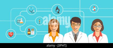 Ärzte-Team mit medizinischen Symbolen. Health care flache Vektor Hintergrund. Professionelle Krankenhaus Dienstleistungskonzept. Medizinisches Personal lächelnde Gesichter. Junger Mann, th Stock Vektor