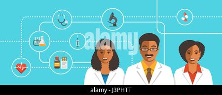Schwarzen Ärzte Team mit medizinischen Symbolen. Health care flache Vektor Hintergrund. Professionelle Krankenhaus Dienstleistungskonzept. Medizinisches Personal lächelnde Gesichter. Afrika Stock Vektor