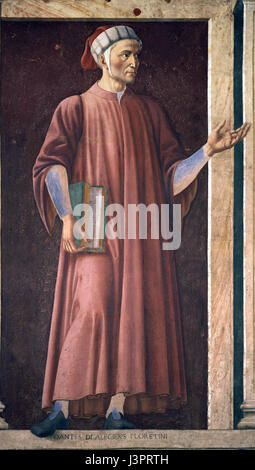 Dante Alighieri gesehen hier in ein Wandbild von Dante in der Galerie der Uffizien, von Andrea del Castagno, ca. 1450 - Italien.  Durante Degli Alighieri, Dante einfach genannt [c. 1265-1321), war eine bedeutende italienische Dichter des Spätmittelalters. Seine göttliche Komödie, ursprünglich genannt Comedia (modernes italienisches: Commedia) und später getauft Divina von Boccaccio. Stockfoto