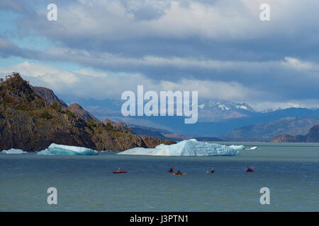 Gruppe von Personen Kajak am Lago Grey im Torres del Paine Nationalpark, in der Nähe einen Klumpen des Eises von Grey Gletscher. Stockfoto